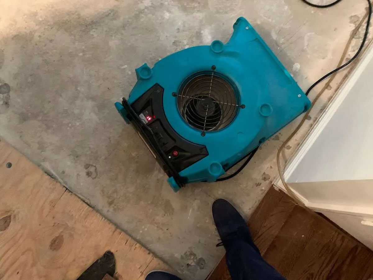 Air mover drying subfloor during Leak Detection & Repair in Enumclaw